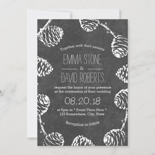 Invitación Boda del tablero de cromos Rustic Forest Pine Cone (Anverso)