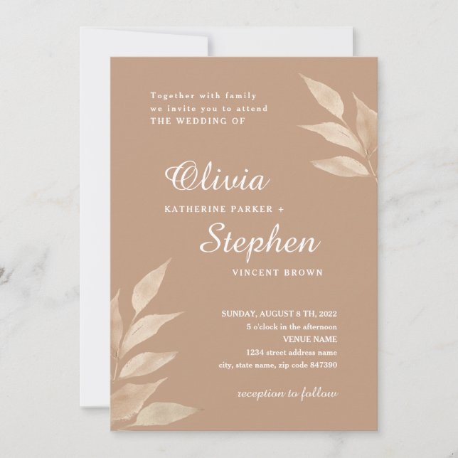 Invitación Boda del taupe foliage de acuarela botánica (Anverso)