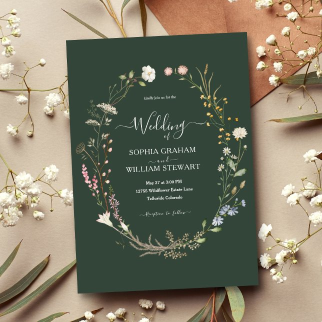 Invitación Boda del tema de la flor silvestre verde oscuro rú (Subido por el creador)