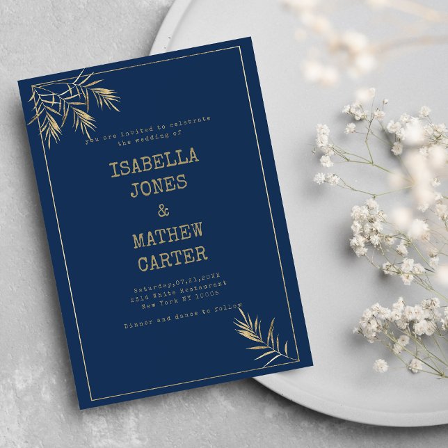 Invitación Boda del tema de la letra de la máquina de escribi (Navy blue gold leaf typewriter font theme Wedding)
