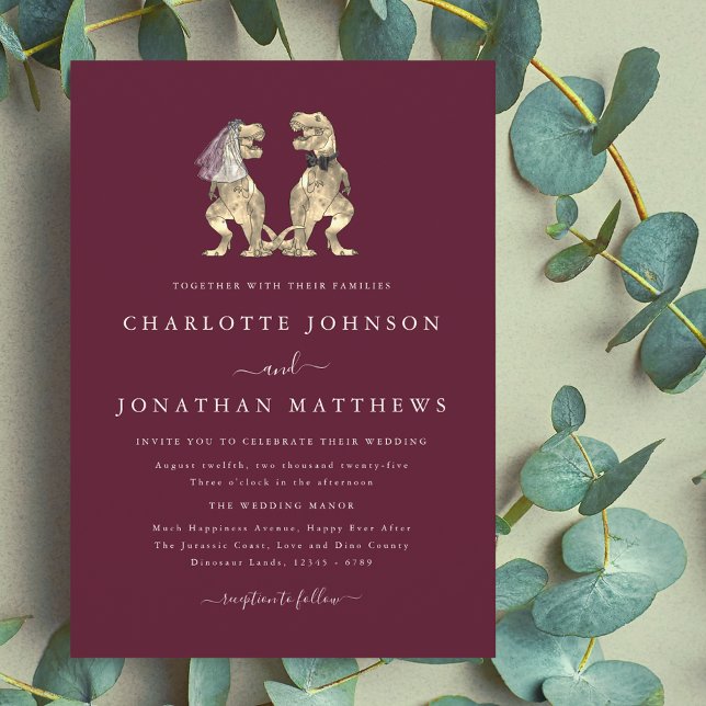 Invitación Boda del tema de los dinosaurios Crema de Borgoña (Dinosaur theme wedding burgundy cream ivory invitation elegant modern fun T-Rex dino Bride and groom)