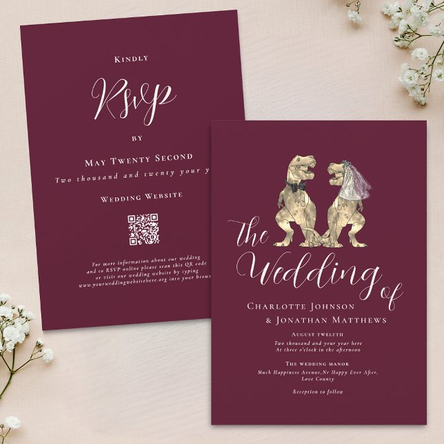 Invitación Boda del tema de los dinosaurios Crema de Borgoña  (Dinosaur theme wedding Burgundy and ivory Cream QR Code invitation elegant modern script T-Rex Dino)
