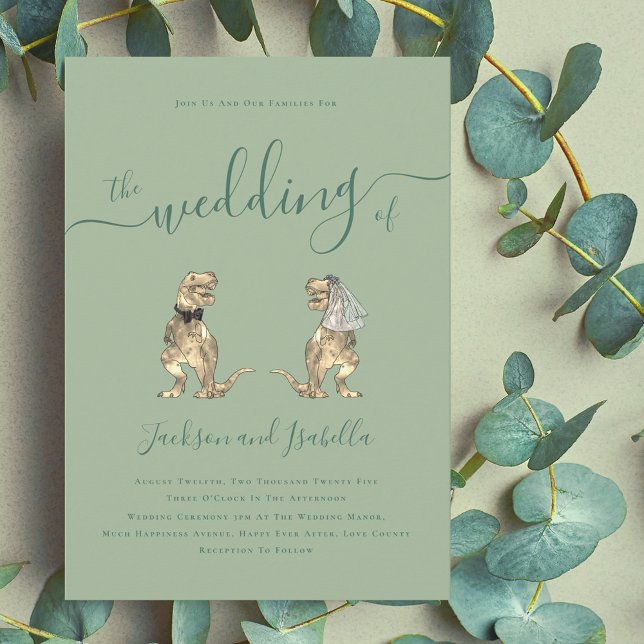 Invitación Boda del tema de los dinosaurios Sage Green (Sage green dinosaur theme wedding invitation elegant modern script T-Rex dino bride and groom)