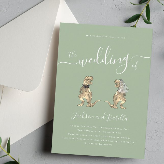 Invitación Boda del tema de los dinosaurios Sage Green (Sage green Dinosaur theme wedding invitation Elegant modern script calligraphy T-Rex bride and groom)