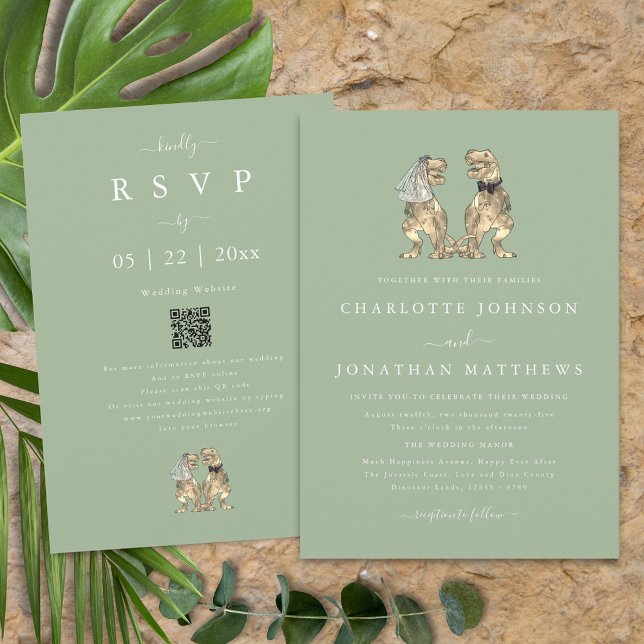 Invitación Boda del tema de los dinosaurios Sage Green QR Cod (Dinosaur theme wedding qr code sage green invitation fun T-Rex dino bride and groom modern elegant )