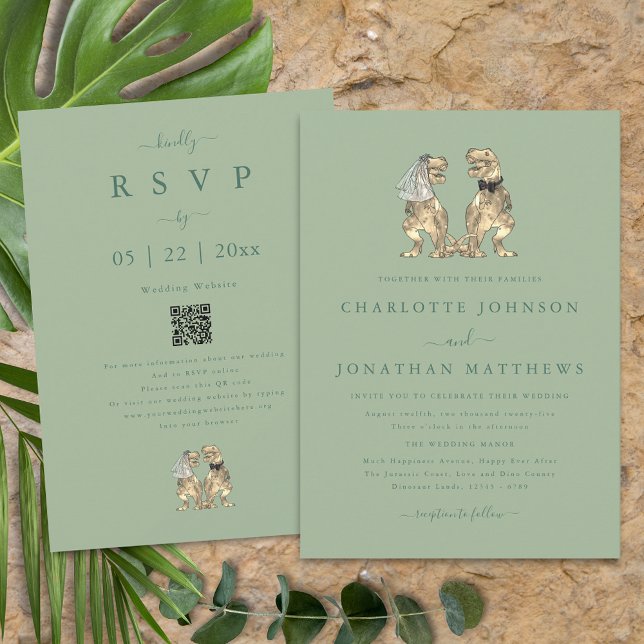 Invitación Boda del tema de los dinosaurios Sage Green Qr Cod (Dinosaur theme wedding qr code sage green invitation T-Rex dino bride & groom modern elegant script)