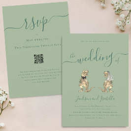 Invitación Boda del tema de los dinosaurios Sage Green QR Cod