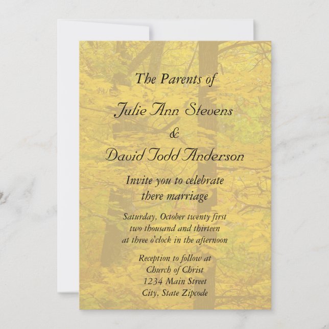 Invitación Boda del tema del bosque de otoño amarillo (Anverso)