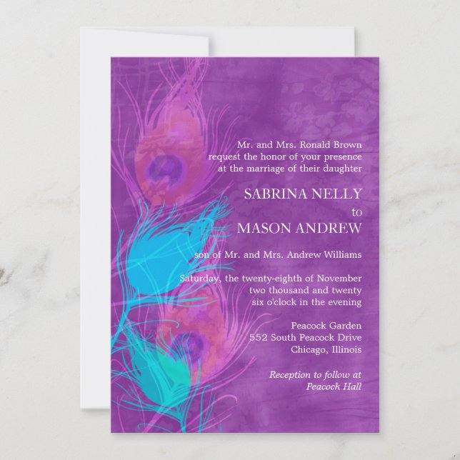 Invitación Boda del tema del pavo real Verde azulado ruso azu (Anverso)