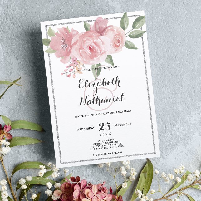 Invitación Boda del tema floral verde rosa-blanco (Botanical white pink green floral theme Wedding )