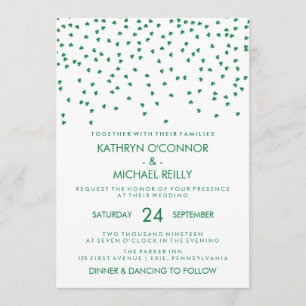Invitación Boda del tema irlandés Shamrock Confetti en blanco