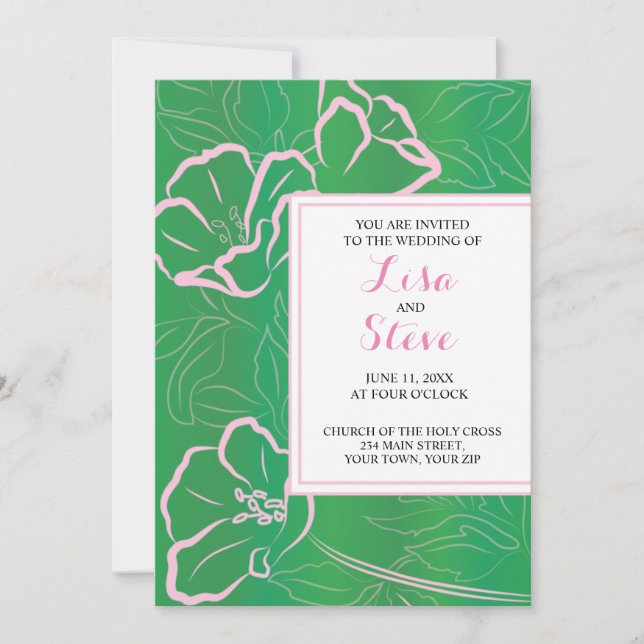 Invitación Boda del tema tropical floral verde y rosa (Anverso)