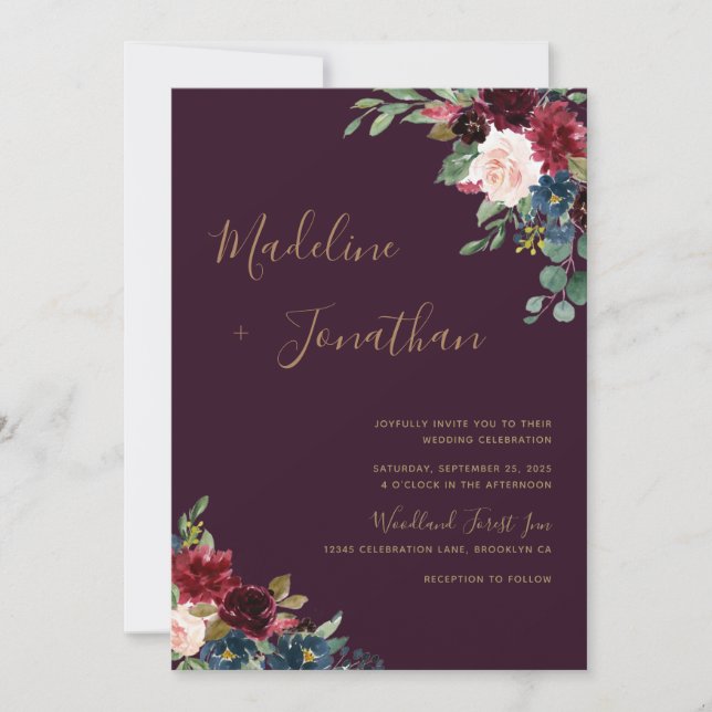Invitación Boda del tono de la pluma floral Moody Amethyst Pl (Anverso)