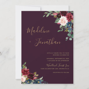 Invitación Boda del tono de la pluma floral Moody Amethyst Pl
