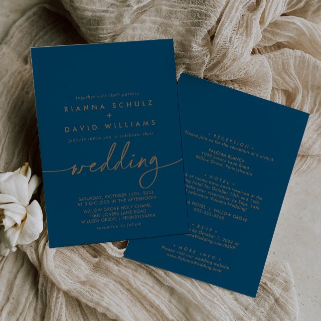 Invitación Boda delantero y trasero de Navy Blue Gold Classic (Subido por el creador)