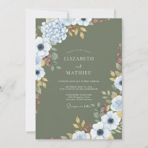 Invitación Boda delicada con acuarela de anémona y olivo