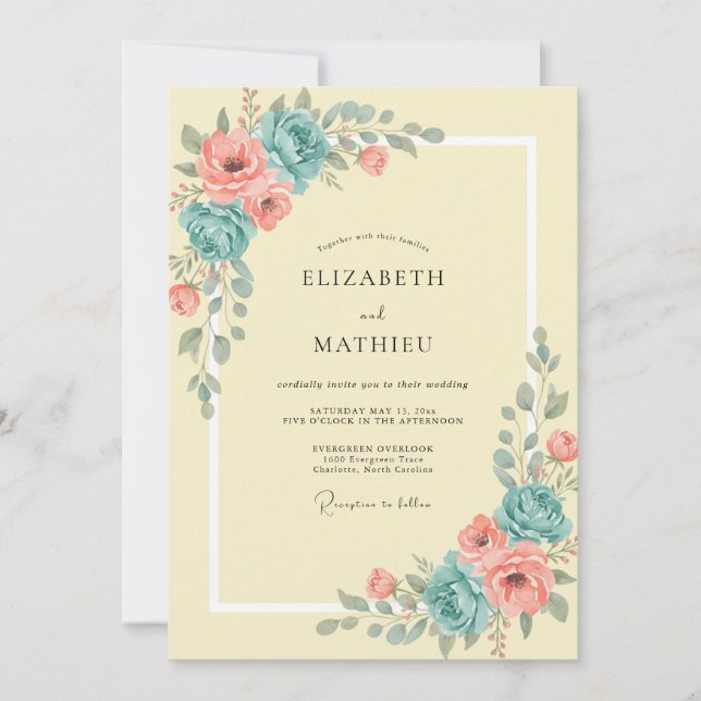 Invitación Boda delicada de coral turquesa peonía (Anverso)