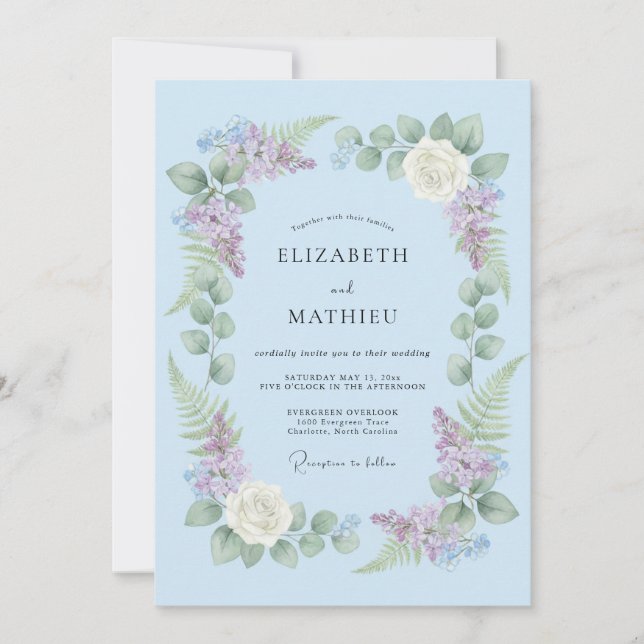 Invitación Boda delicada de glicina azul claro (Anverso)