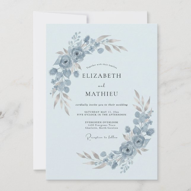 Invitación Boda delicada de invierno en azul acero (Anverso)