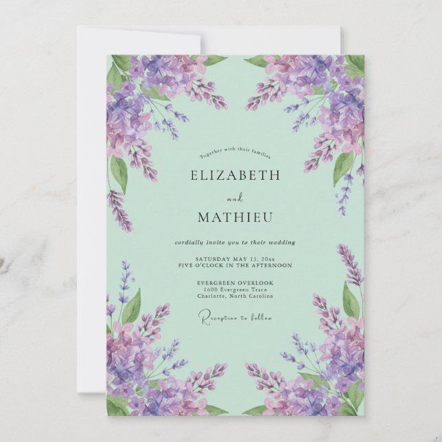 Invitación Boda delicada de lavanda verde menta (Anverso)