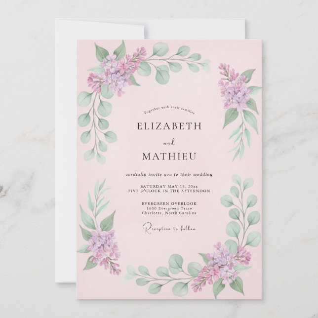 Invitación Boda delicada de lila y rosa rubor (Anverso)