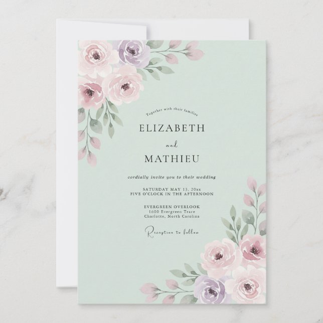 Invitación Boda delicada de pétalo verde menta (Anverso)