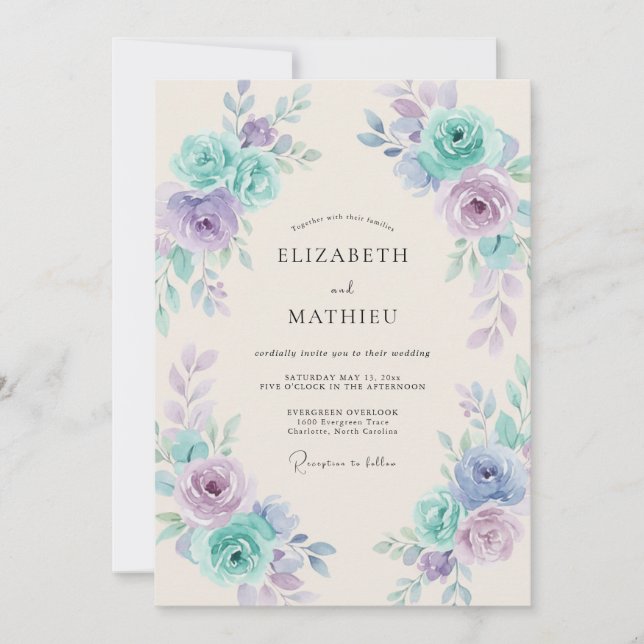 Invitación Boda delicada de primavera con lavanda y menta (Anverso)