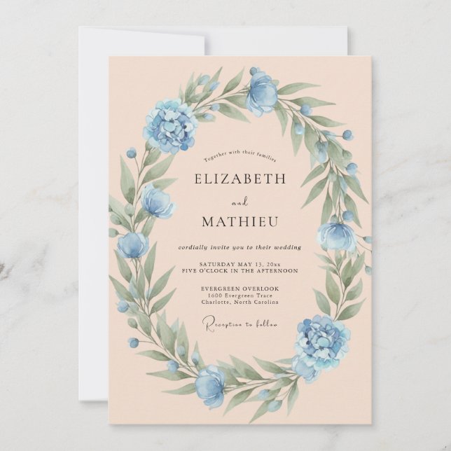 Invitación Boda delicada de primavera en azul aciano (Anverso)