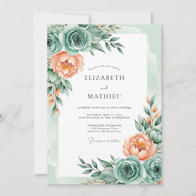 Invitación Boda delicada de primavera en verde menta (Anverso)