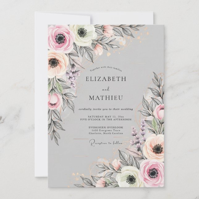Invitación Boda delicada de primavera gris claro (Anverso)