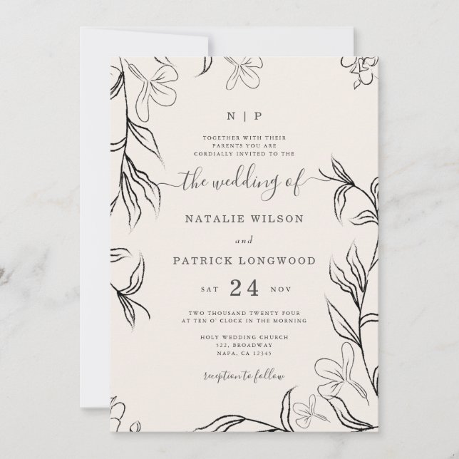 Invitación Boda Delicado Floral Beige Esbozado A Mano (Anverso)