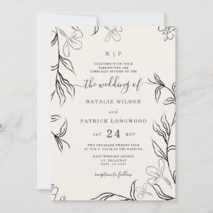 Invitación Boda Delicado Floral Beige Esbozado A Mano