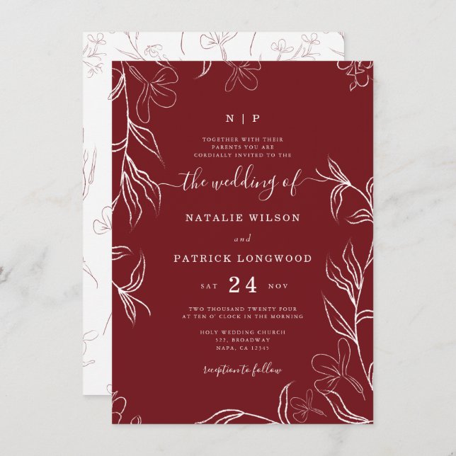 Invitación Boda Delicado Floral Borgoña De Mano Esbozada (Anverso / Reverso)