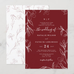 Invitación Boda Delicado Floral Borgoña De Mano Esbozada