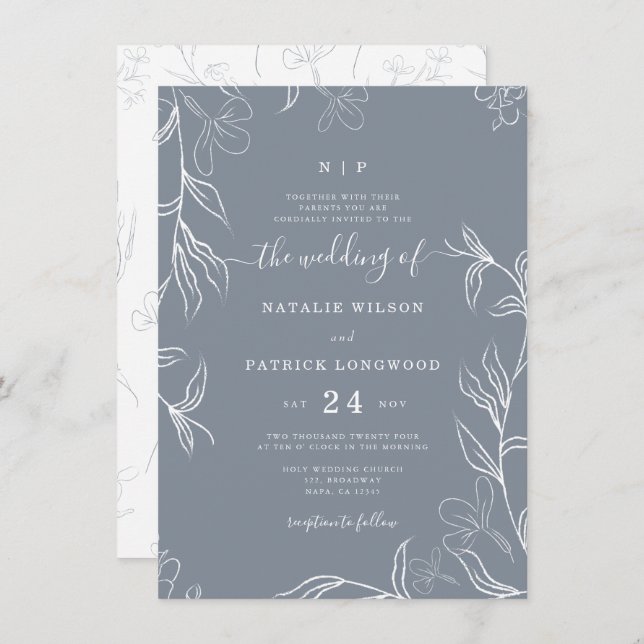 Invitación Boda Delicado Floral Dusty Azul Esbozado A Mano (Anverso / Reverso)