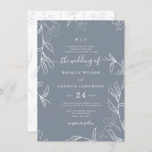 Invitación Boda Delicado Floral Dusty Azul Esbozado A Mano