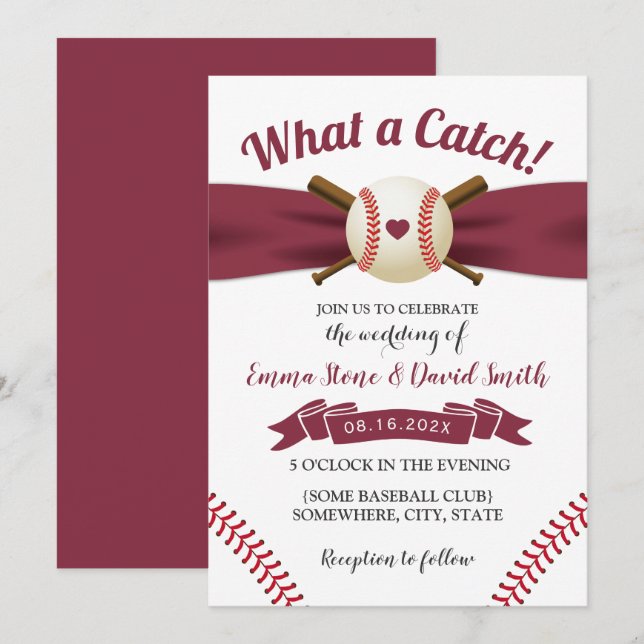 Invitación Boda Deportivo Béisbol Love Burgundy Red Ribbon (Anverso / Reverso)
