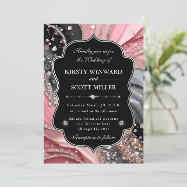 Invitación Boda Destello de Mármol de Ágata Plateada Rosa (Anverso de pie)