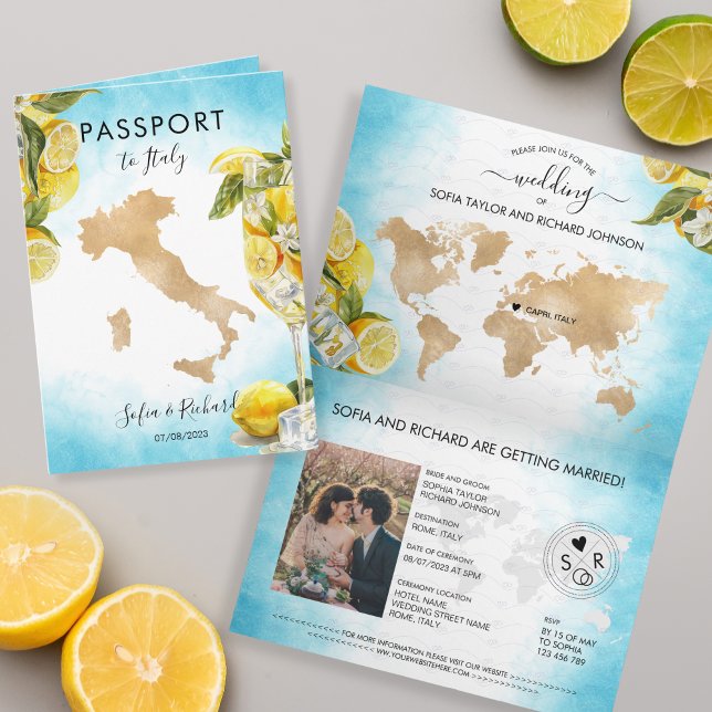 Invitación Boda Destino Lemon Summer Passport Italia (italy wedding passport)