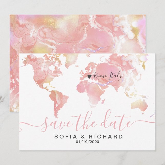 Invitación Boda Destino Mapa Mundial Corazón extraíble Rosa (Anverso / Reverso)