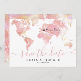 Invitación Boda Destino Mapa Mundial Corazón extraíble Rosa