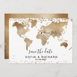 Invitación Boda Destino Mapa Mundial Oro Corazón extraíble