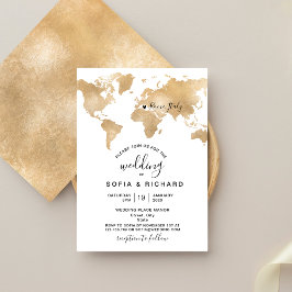 Invitación Boda Destino Mapa Mundial Oro Corazón extraíble