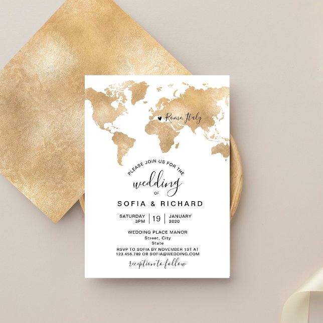Invitación Boda Destino Mapa Mundial Oro Corazón extraíble (Subido por el creador)