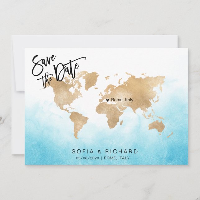 Invitación Boda Destino Mapa Mundial Oro Corazón Móvil (Anverso)