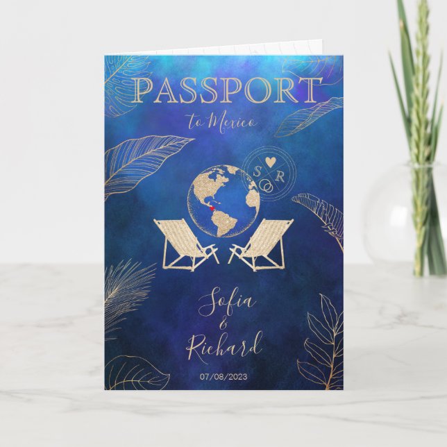 Invitación Boda Destino México Passport Gold World Map (Anverso)