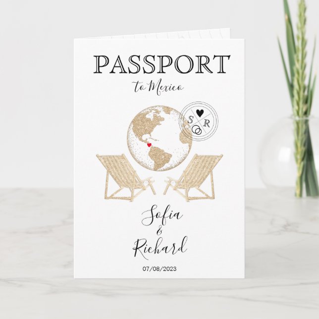 Invitación Boda Destino México Passport Gold World Map (Anverso)