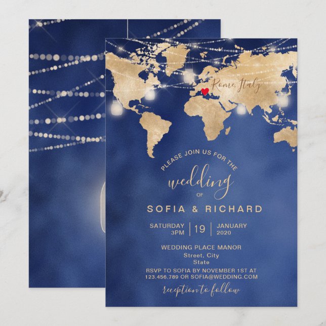 Invitación Boda Destino Mundo Mapa Luz y Corazón (Anverso / Reverso)