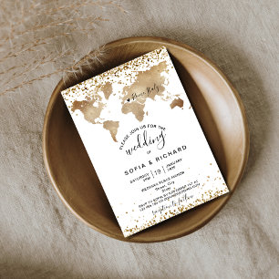 Invitación Boda Destino Oro Mundo Corazón del Mapa