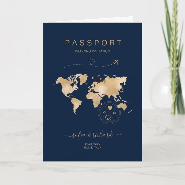 Invitación Boda Destino Pasaporte Mapa Mundial Invi Moderno (Anverso)